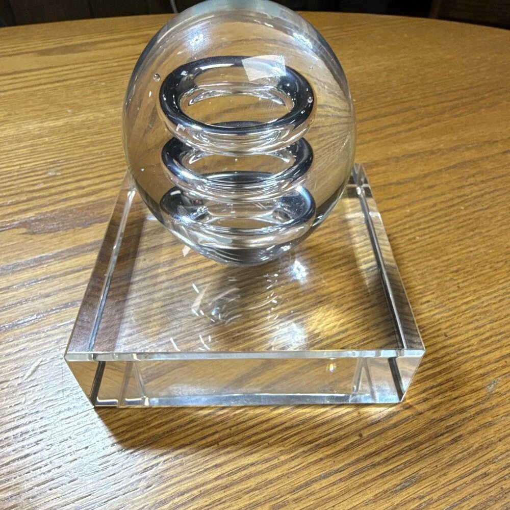 Sweden Clear Glass Orb Paperweight Spiral Design Square Base